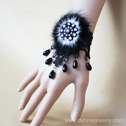 Black Crochet Lace Band With POM Charm Beads Tassel Bracelet